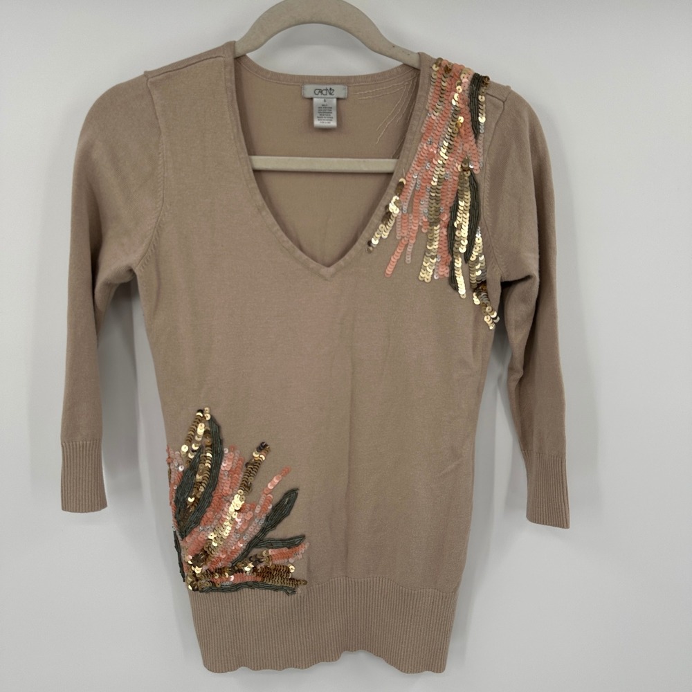 Cache VNeck Sweater Embellished Sequins Beaded Tan Size S